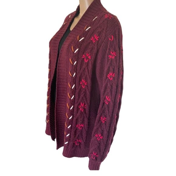 Shyanne Maroon Long Sleeve Cotton Blend Embroidered Open Knit Cardigan Size M - Picture 3 of 10